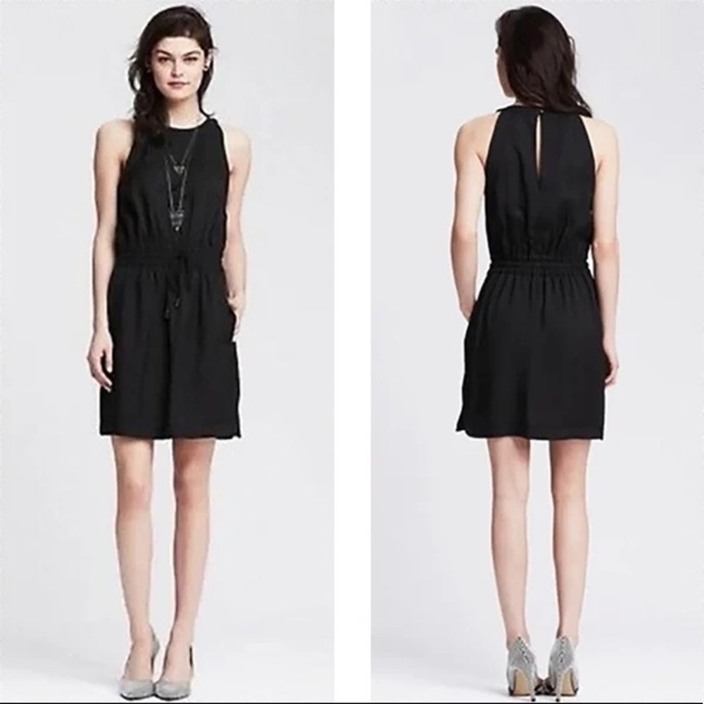 BANANA REPUBLIC Black Smocked Drawstring Dress "Lucia" w/ Pockets - Picture 6 of 9